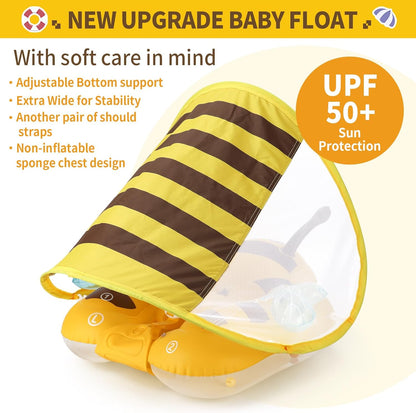Inflatable Baby Swimming Float with Safe Bottom Support and Retractable Fabric Canopy for Safer Swims (Yellow, Large)